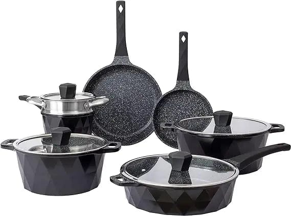 Essentialshouses Black 11 PC. Set 🍳Country Kitchen 13‑Piece Indigo Induction Cookware Set – Nonstick Cast Aluminum