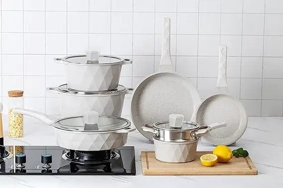 Essentialshouses Cream 11 PC. Set 🍳Country Kitchen 13‑Piece Indigo Induction Cookware Set – Nonstick Cast Aluminum
