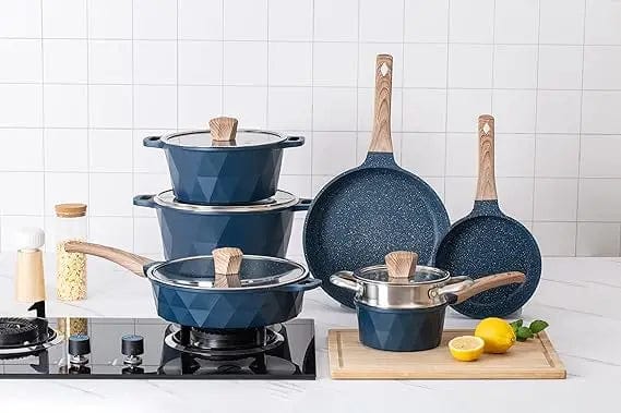 Essentialshouses Navy 11 PC. Set 🍳Country Kitchen 13‑Piece Indigo Induction Cookware Set – Nonstick Cast Aluminum