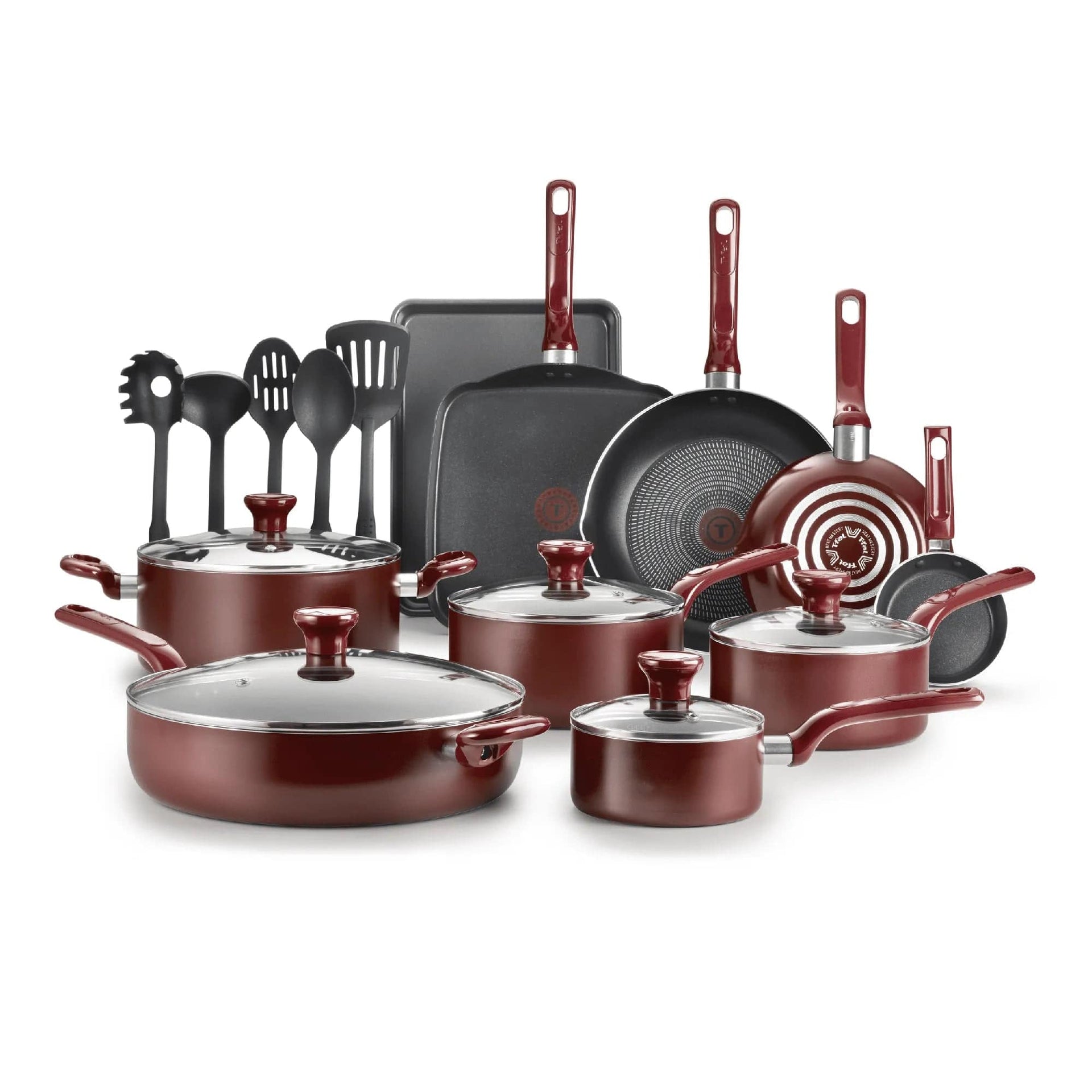 Essentialshouses Red / Over Five-piece Set 🍳T‑fal 20‑Piece Easy Care Non‑Stick Cookware Set – Dishwasher & Oven Safe