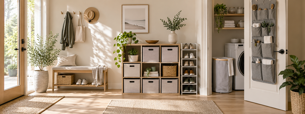 Organized entryway with cube storage, shoe rack, laundry hamper and over-door organizer