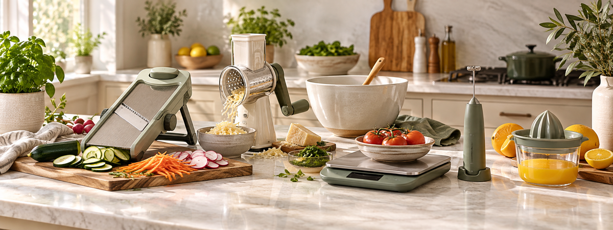 Kitchen counter with mandoline slicer, rotary grater, kitchen scale, milk frother and citrus juicer