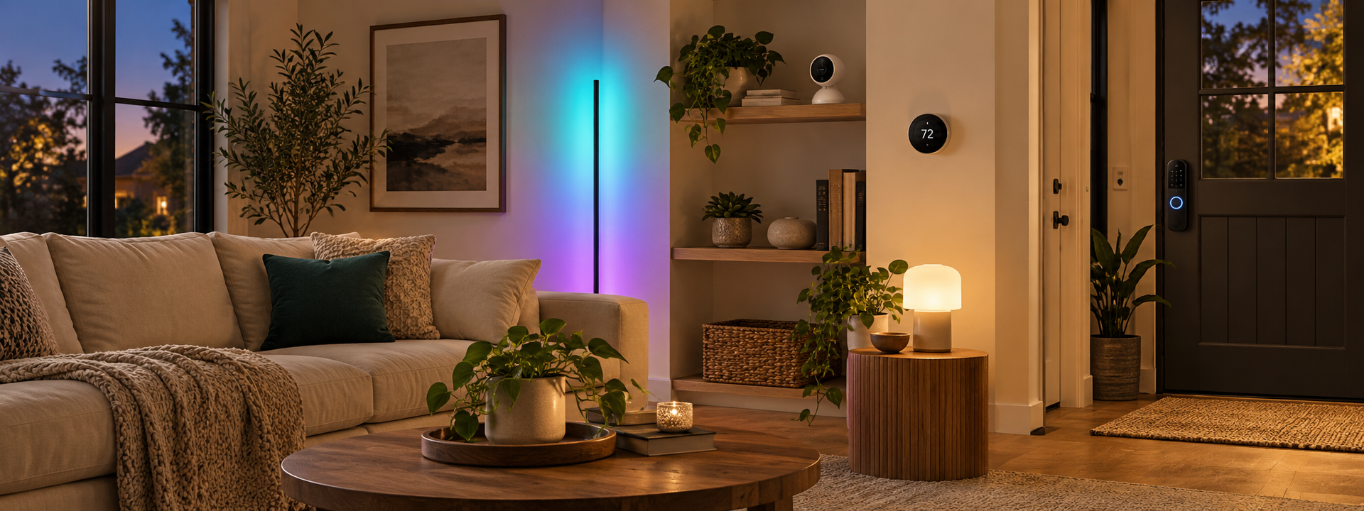 Modern living room with smart floor lamp, security camera, thermostat, table lamp and smart door lock