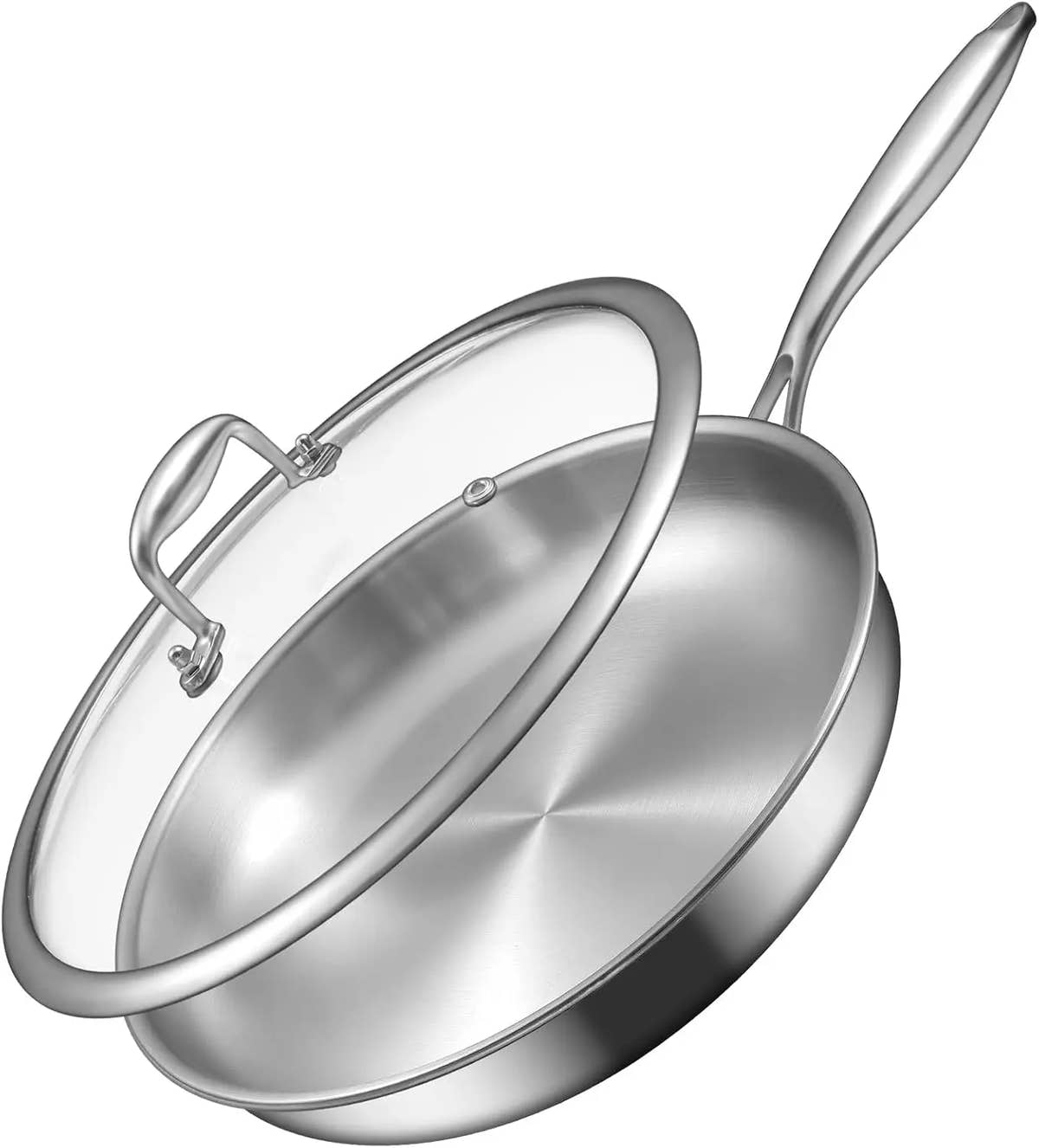 Essentials House 12-Inch Stainless Steel Frying Pan with Lid, Induction-Ready, Oven & Dishwasher Safe for All Cooktops