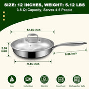 Essentials House 12-Inch Stainless Steel Frying Pan with Lid, Induction-Ready, Oven & Dishwasher Safe for All Cooktops