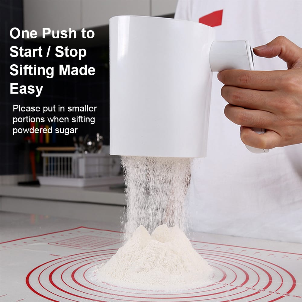 Essentials House WHITE Kitchen Pastry Cake Tool Handheld Stainless Steel Screen Cup Shaped Electric Flour Sieve Flour Sifter