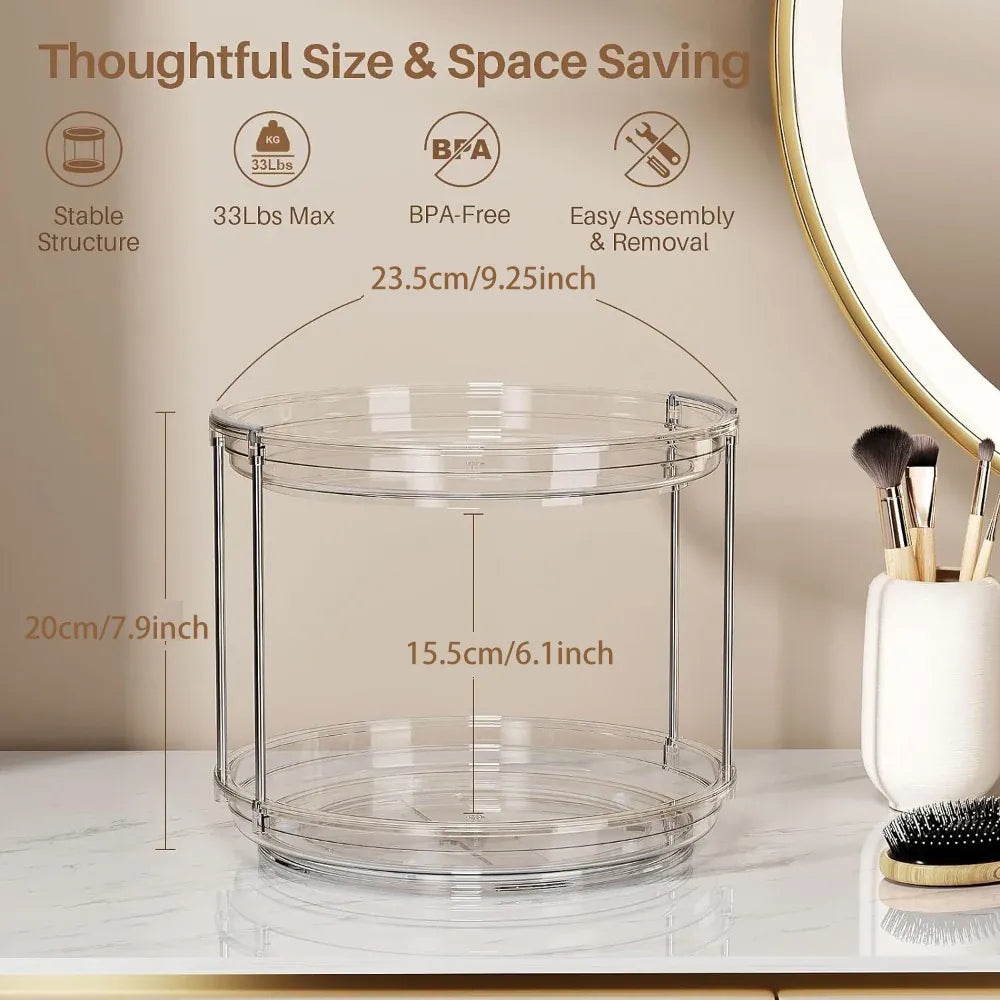 Essentials House Clear 1set 2 Tier Lazy Susan Turntable Organizer 9.25'' Rotating Spice Rack Organization for Cabinet