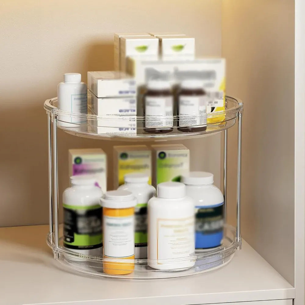Essentials House Clear 1set 2 Tier Lazy Susan Turntable Organizer 9.25'' Rotating Spice Rack Organization for Cabinet