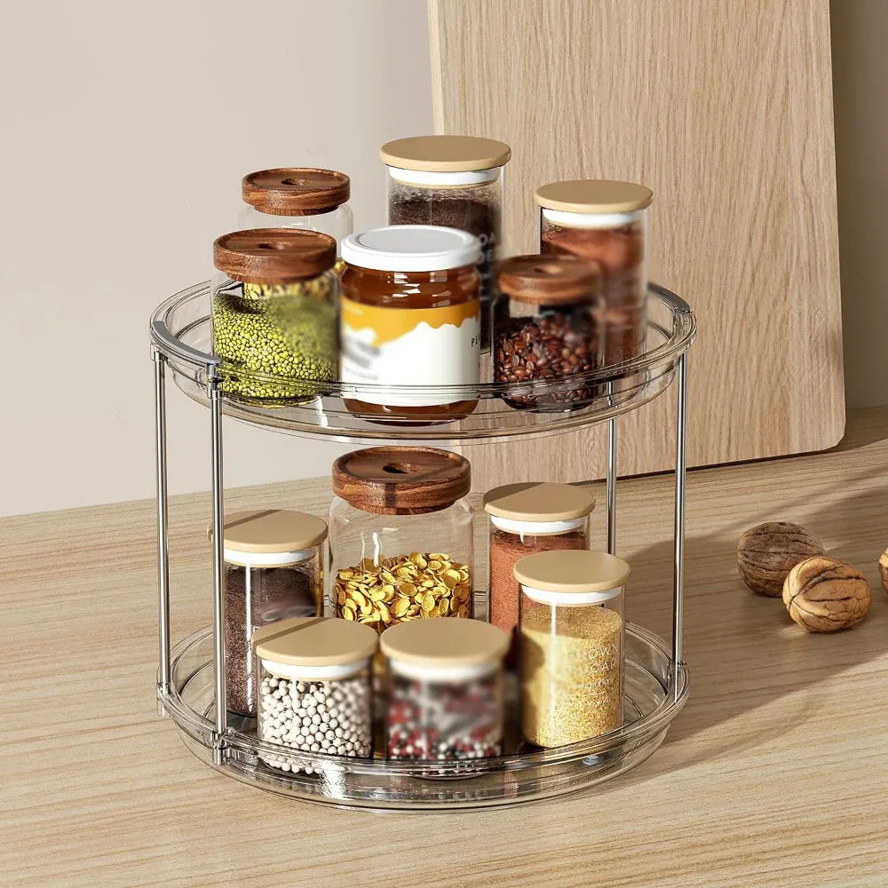 Essentials House Clear 1set 2 Tier Lazy Susan Turntable Organizer 9.25'' Rotating Spice Rack Organization for Cabinet
