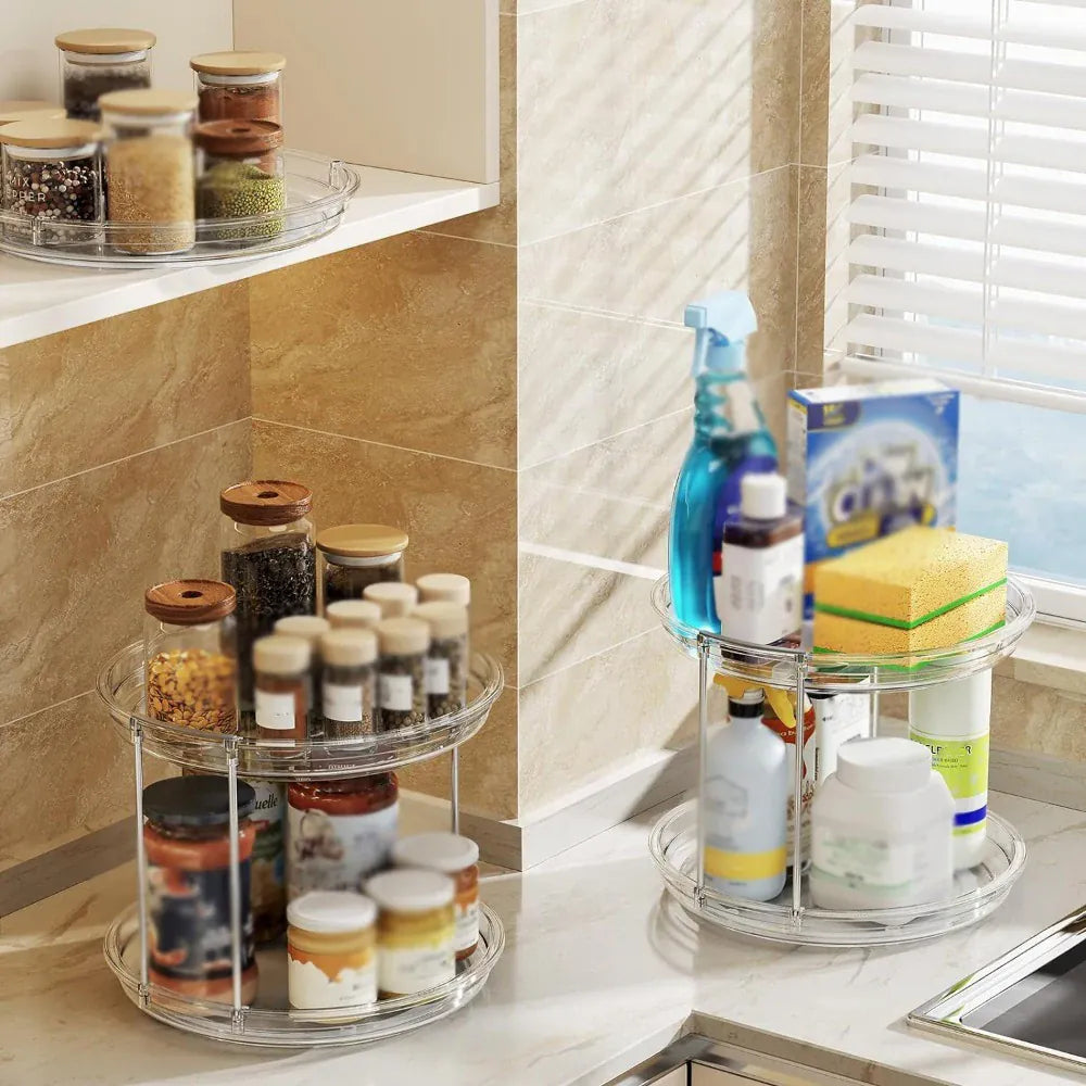 Essentials House Clear 1set 2 Tier Lazy Susan Turntable Organizer 9.25'' Rotating Spice Rack Organization for Cabinet