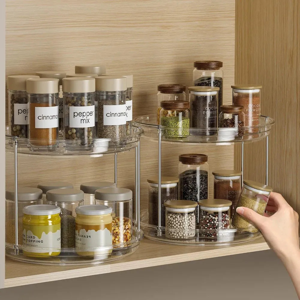 Essentials House Clear 1set 2 Tier Lazy Susan Turntable Organizer 9.25'' Rotating Spice Rack Organization for Cabinet