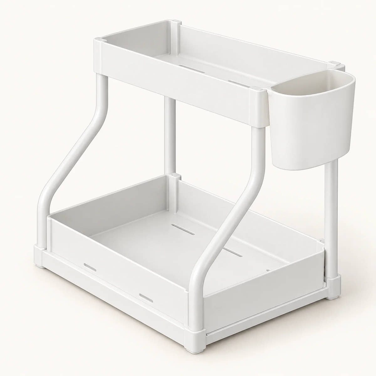 2-Tier Pull-Out Cabinet Organizer on a warm off-white background with a soft natural shadow.