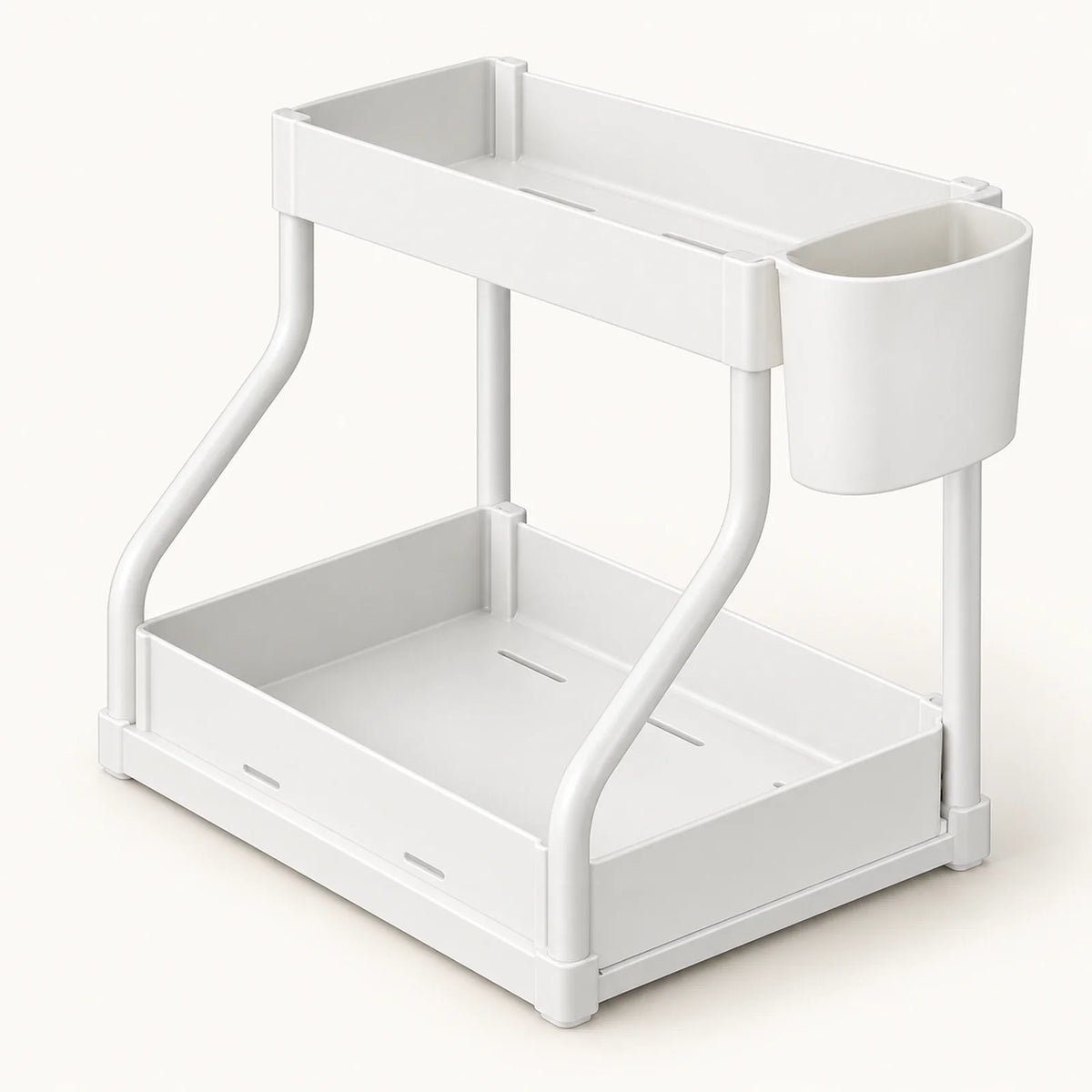 2-Tier Pull-Out Cabinet Organizer on a warm off-white background with a soft natural shadow.