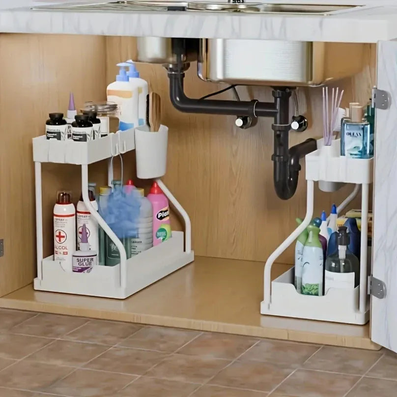 Essentials House Space Saving 2 Tier Pull Out Storage Box Durable Large Capacity Kitchen Bathroom Essential Drawer Organizer