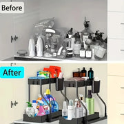 Essentials House Space Saving 2 Tier Pull Out Storage Box Durable Large Capacity Kitchen Bathroom Essential Drawer Organizer