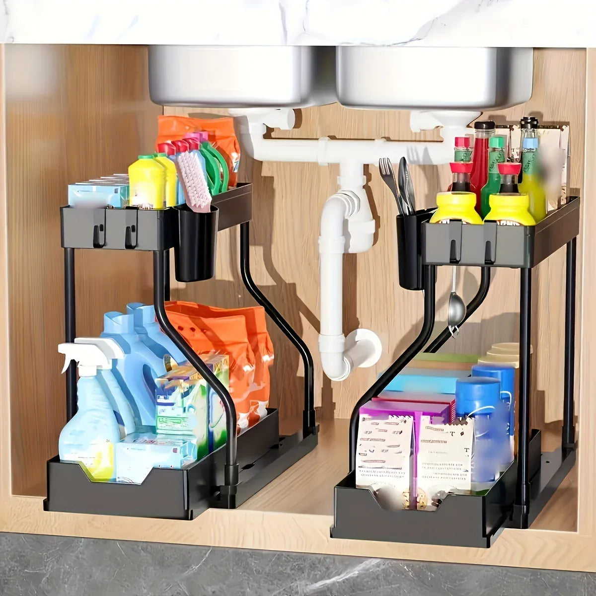 Essentials House Space Saving 2 Tier Pull Out Storage Box Durable Large Capacity Kitchen Bathroom Essential Drawer Organizer