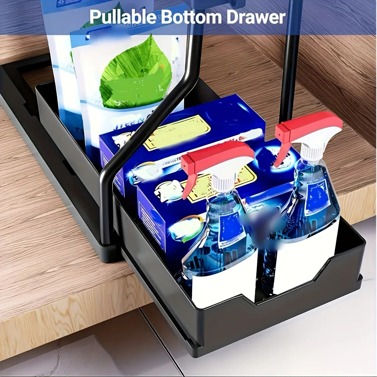 Essentials House Space Saving 2 Tier Pull Out Storage Box Durable Large Capacity Kitchen Bathroom Essential Drawer Organizer