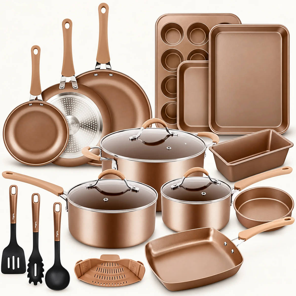 20-Piece Nonstick Cookware Set on a warm off-white background with a soft natural shadow.
