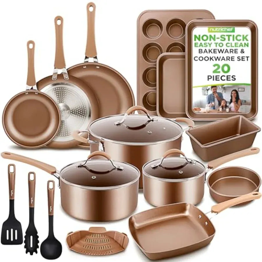 Essentials House / ShinyGolden 20-Piece Non-Stick Pots and Pans Set for Induction Cooktops PFAS-Free Coating, Gray Finish