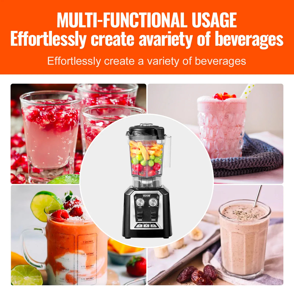 Essentials House WHITE 2L Smoothie Blender Professional Countertop Fruit Food Processor Mixer Maker with Stainless Steel