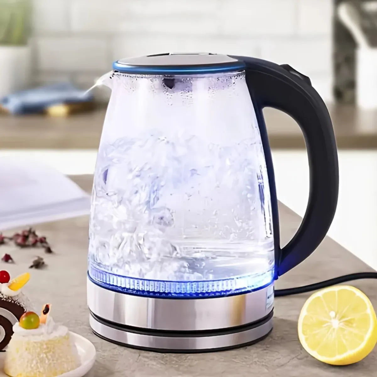 Essentials House / black 1500W 2L Glass Electric Kettle - Wide Mouth Hot Water Boiler with Stainless Steel Inner Lid, Rapid