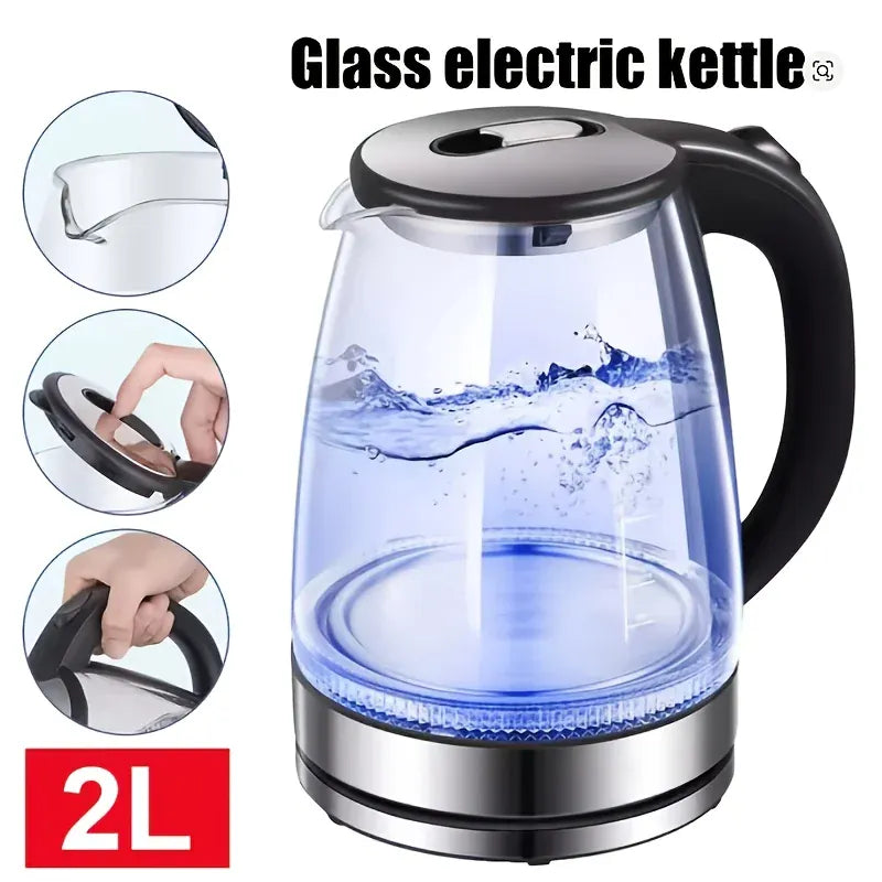 Essentials House / black 1500W 2L Glass Electric Kettle - Wide Mouth Hot Water Boiler with Stainless Steel Inner Lid, Rapid