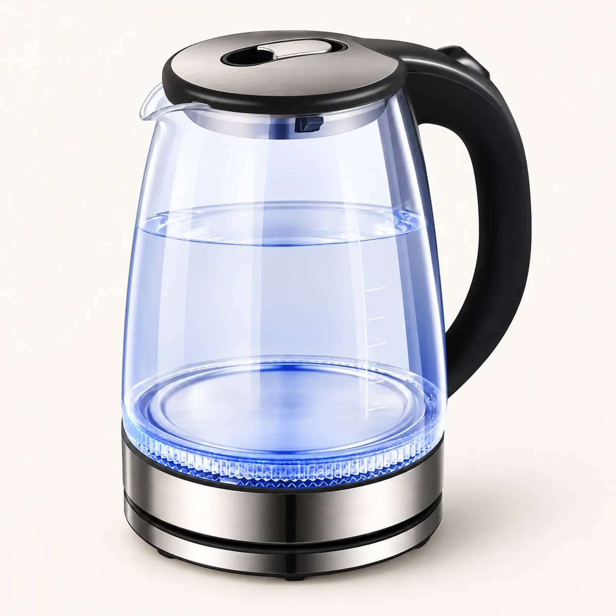 2L Glass Electric Kettle on a warm off-white background with a soft natural shadow.