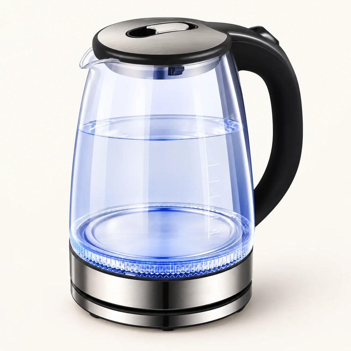 2L Glass Electric Kettle on a warm off-white background with a soft natural shadow.