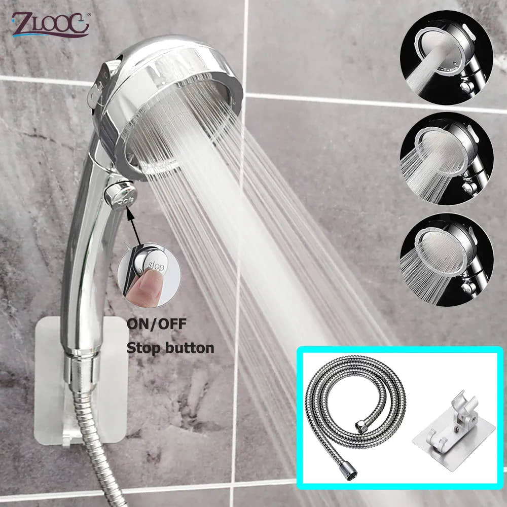 Handheld shower head with three spray modes and a one-key stop button