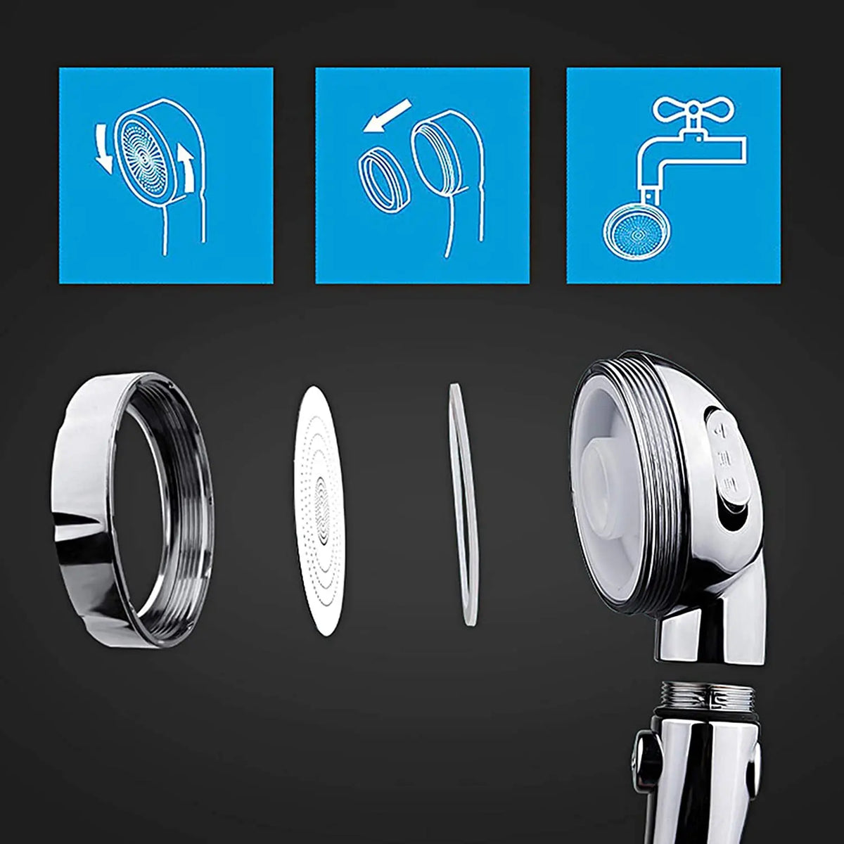 Handheld shower head with three spray modes and a one-key stop button