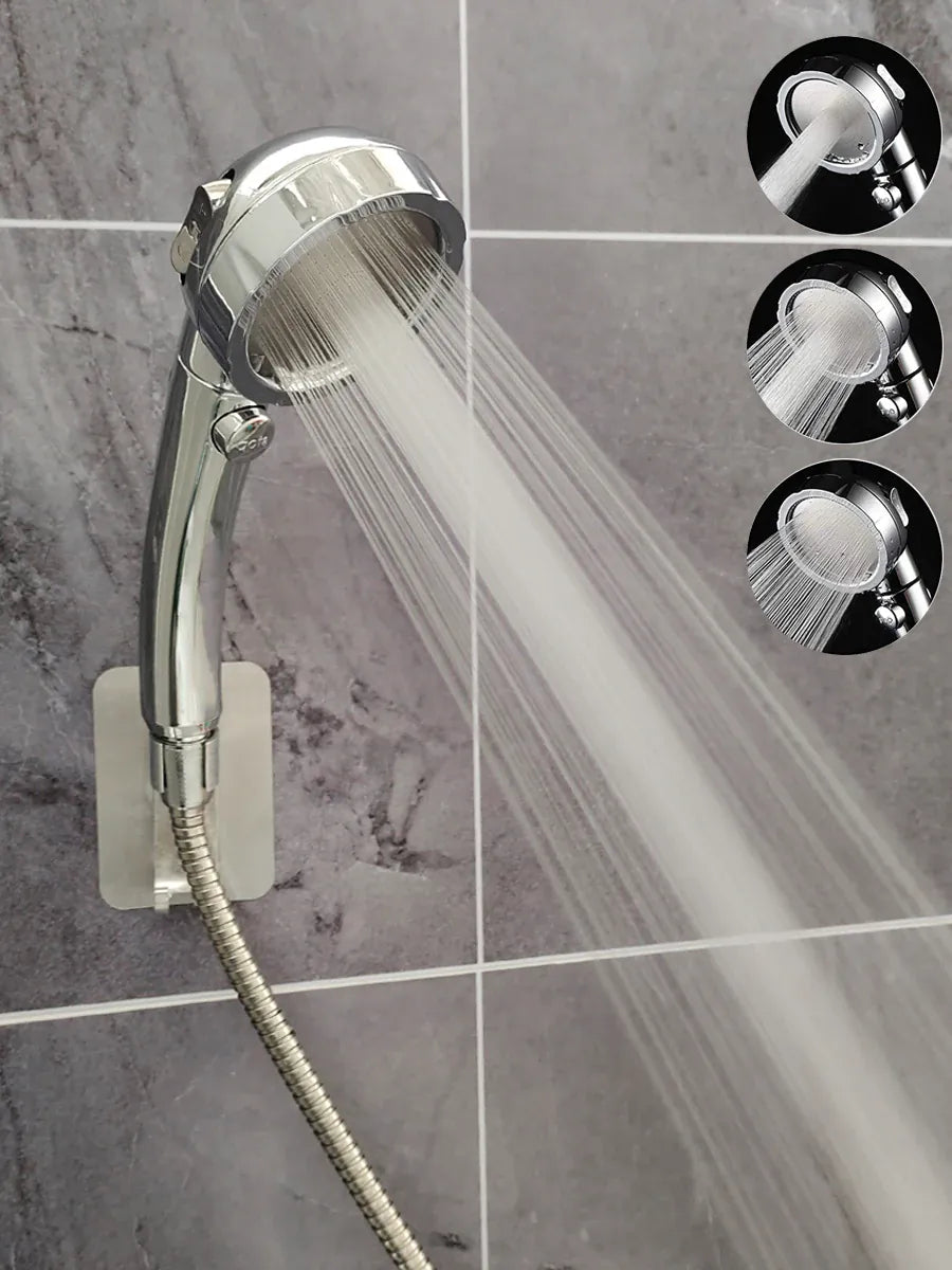 Handheld shower head with three spray modes and a one-key stop button