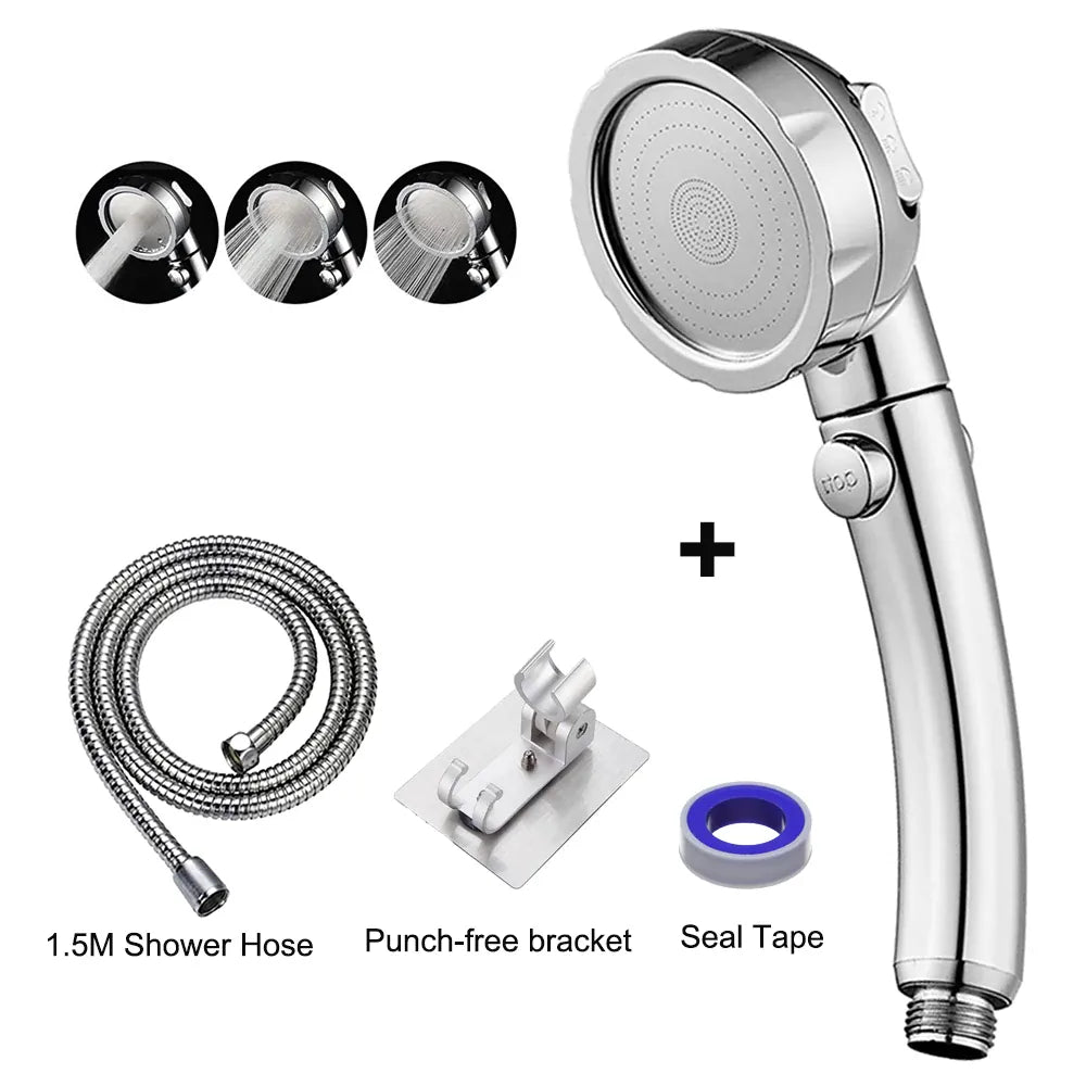 Silver handheld shower head complete set with hose and mounting accessories