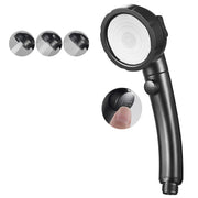 Black handheld shower head with three spray modes and a stop button