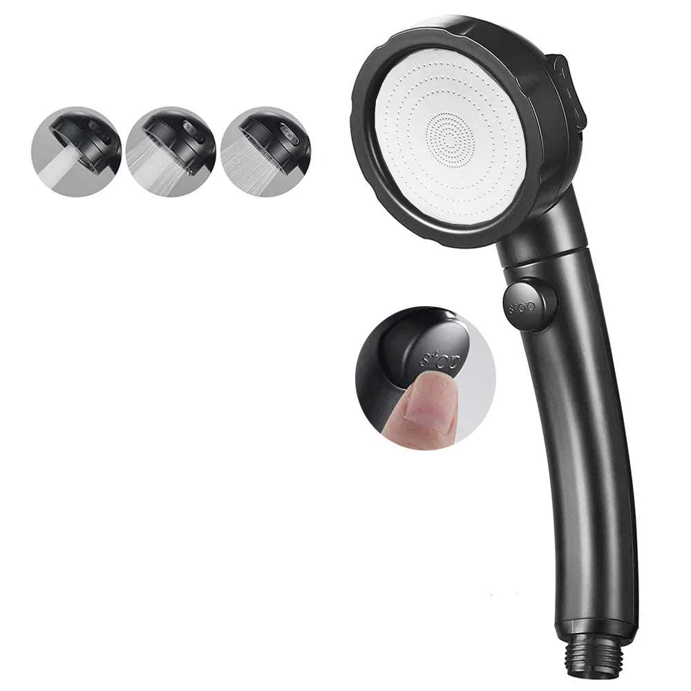 Black handheld shower head with three spray modes and a stop button