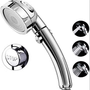 Silver handheld shower head with three spray modes and a stop button