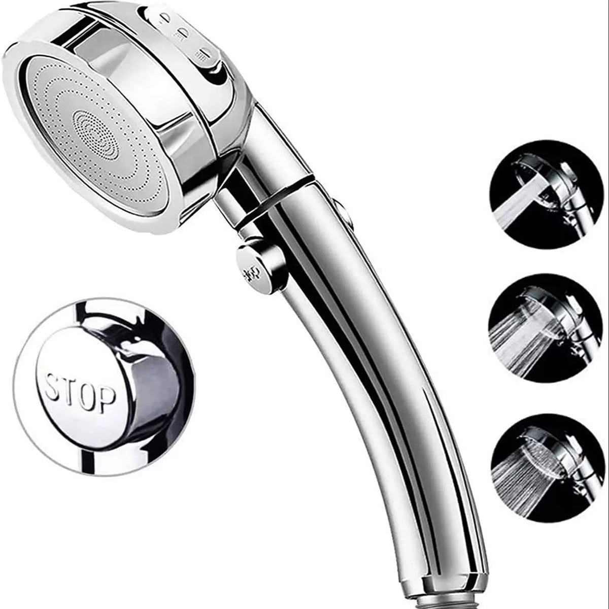 Silver handheld shower head with three spray modes and a stop button