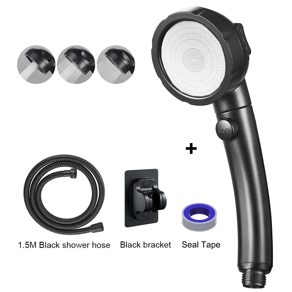 Black handheld shower head complete set with hose and mounting accessories