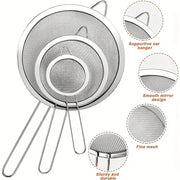 Essentials House 3PCS 3pcs/set Stainless Steel Fine Mesh Strainers Multipurpose Flour Sifter For Baking With Handle Flour