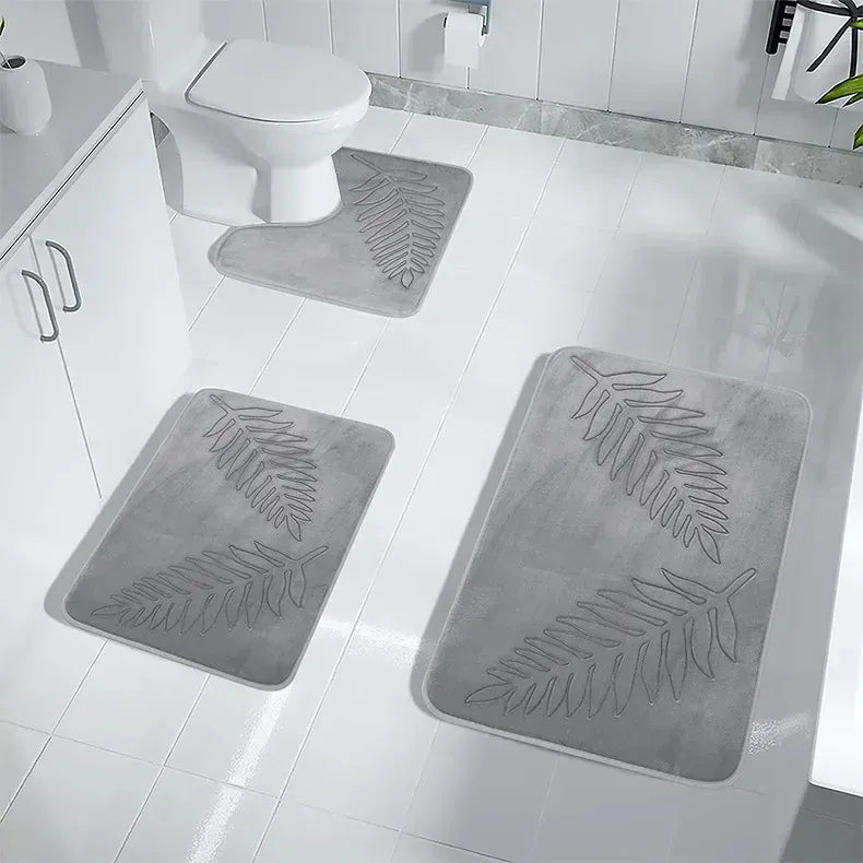 Essentials House Light Gray 3Pcs / 400MMx600MM 3 Piece Bathroom Mat Memory Foam Ultra Soft and Absorbent Leaf Bath Rugs Thick