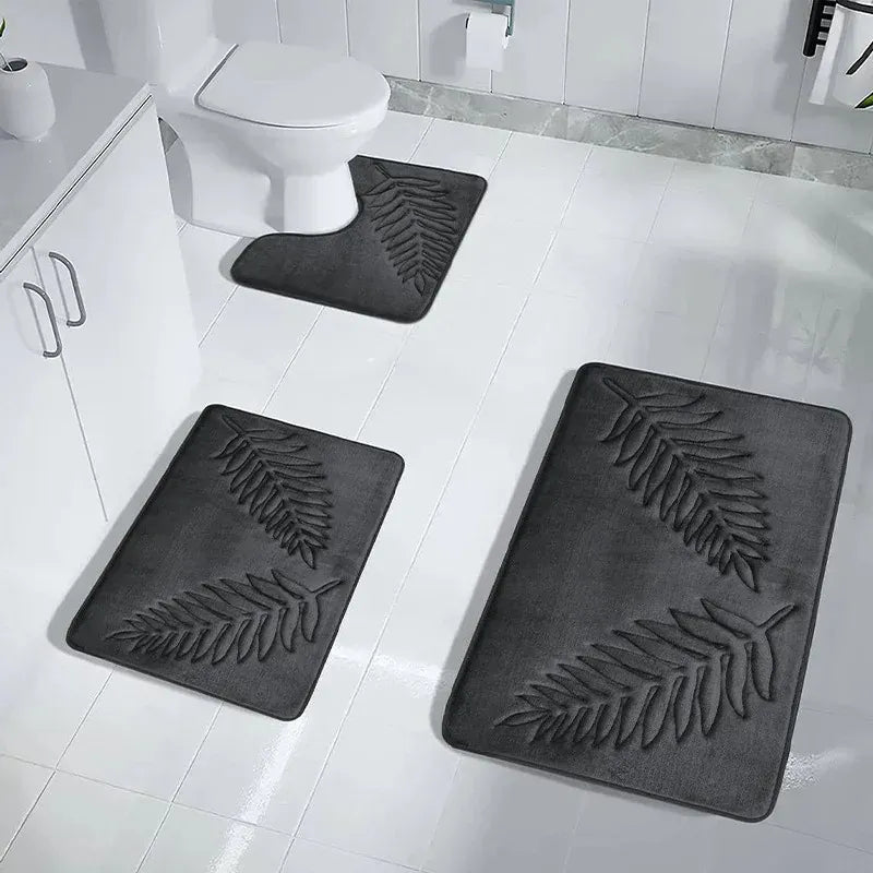 Essentials House Gray 3Pcs / 400MMx600MM 3 Piece Bathroom Mat Memory Foam Ultra Soft and Absorbent Leaf Bath Rugs Thick