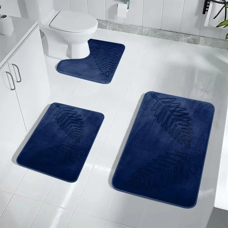 Essentials House Navy Blue 3Pcs / 400MMx600MM 3 Piece Bathroom Mat Memory Foam Ultra Soft and Absorbent Leaf Bath Rugs Thick