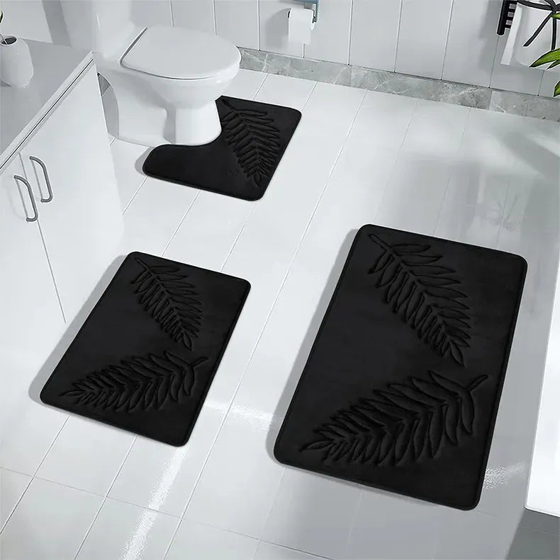Essentials House Black 3Pcs / 400MMx600MM 3 Piece Bathroom Mat Memory Foam Ultra Soft and Absorbent Leaf Bath Rugs Thick