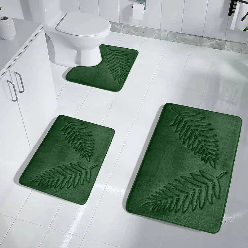 Essentials House Green 3Pcs / 400MMx600MM 3 Piece Bathroom Mat Memory Foam Ultra Soft and Absorbent Leaf Bath Rugs Thick