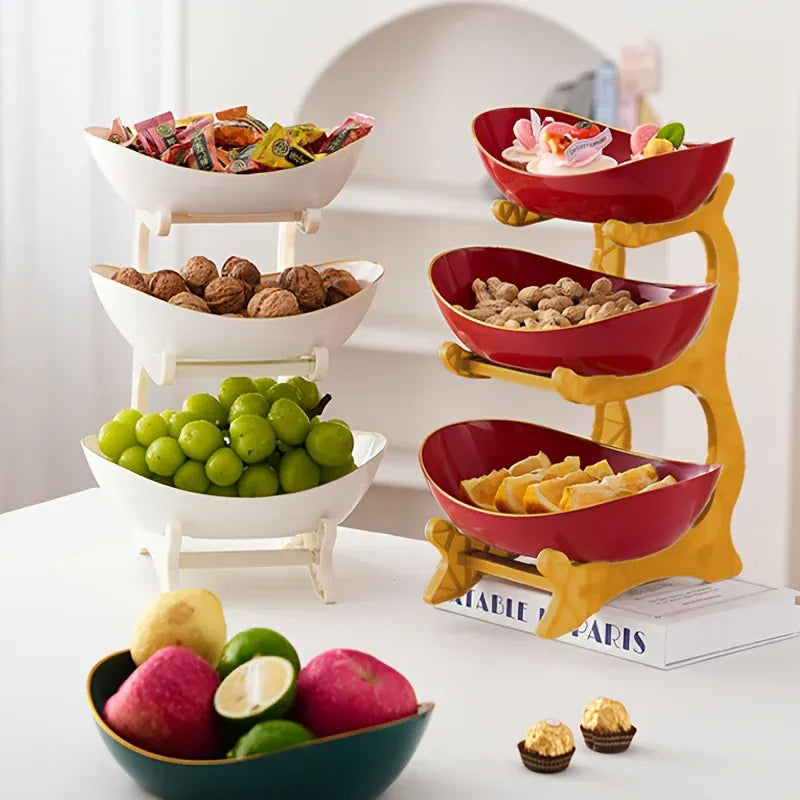 Essentials House Three-tier colorful fruit basket, dessert cake stand, plastic fruit bowls, mini cupcake stand, cookie tray