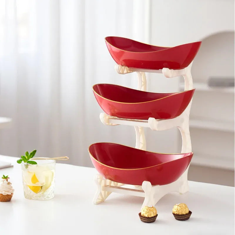 Essentials House Red A Three-tier colorful fruit basket, dessert cake stand, plastic fruit bowls, mini cupcake stand, cookie