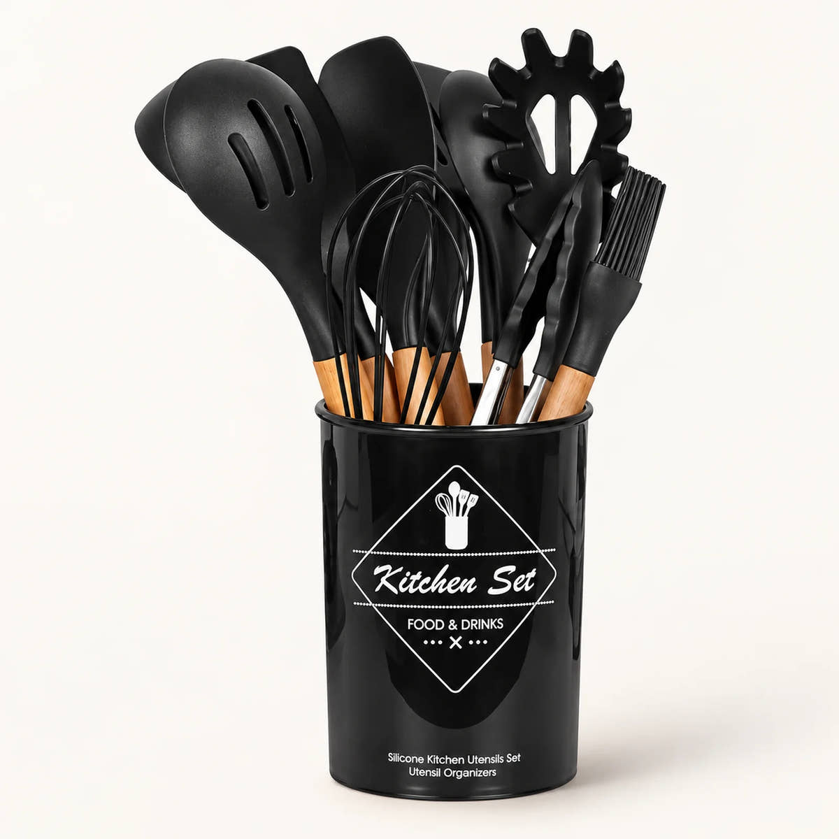 35-Piece Silicone Kitchen Utensil Set on a warm off-white background with a soft natural shadow.