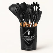 35-Piece Silicone Kitchen Utensil Set on a warm off-white background with a soft natural shadow.