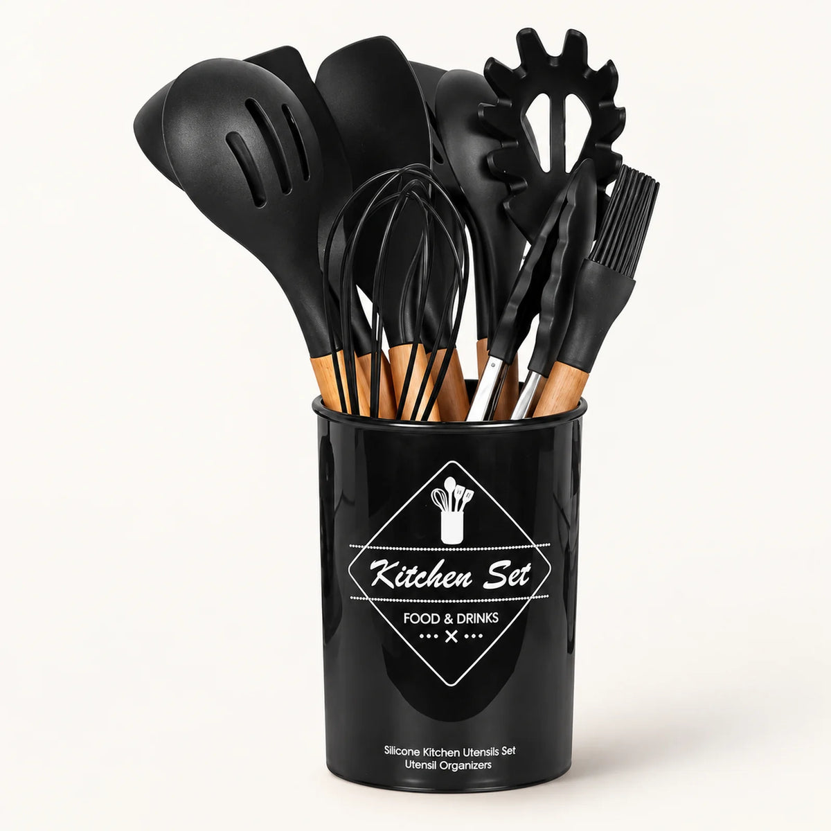 35-Piece Silicone Kitchen Utensil Set on a warm off-white background with a soft natural shadow.
