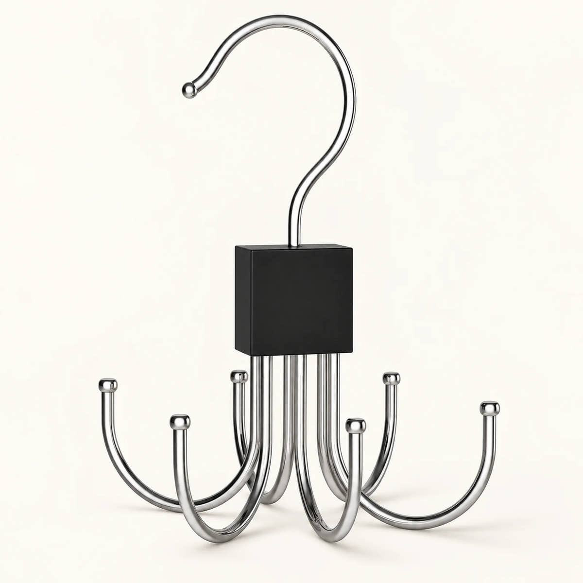 Chrome rotating closet hanger with six accessory hooks