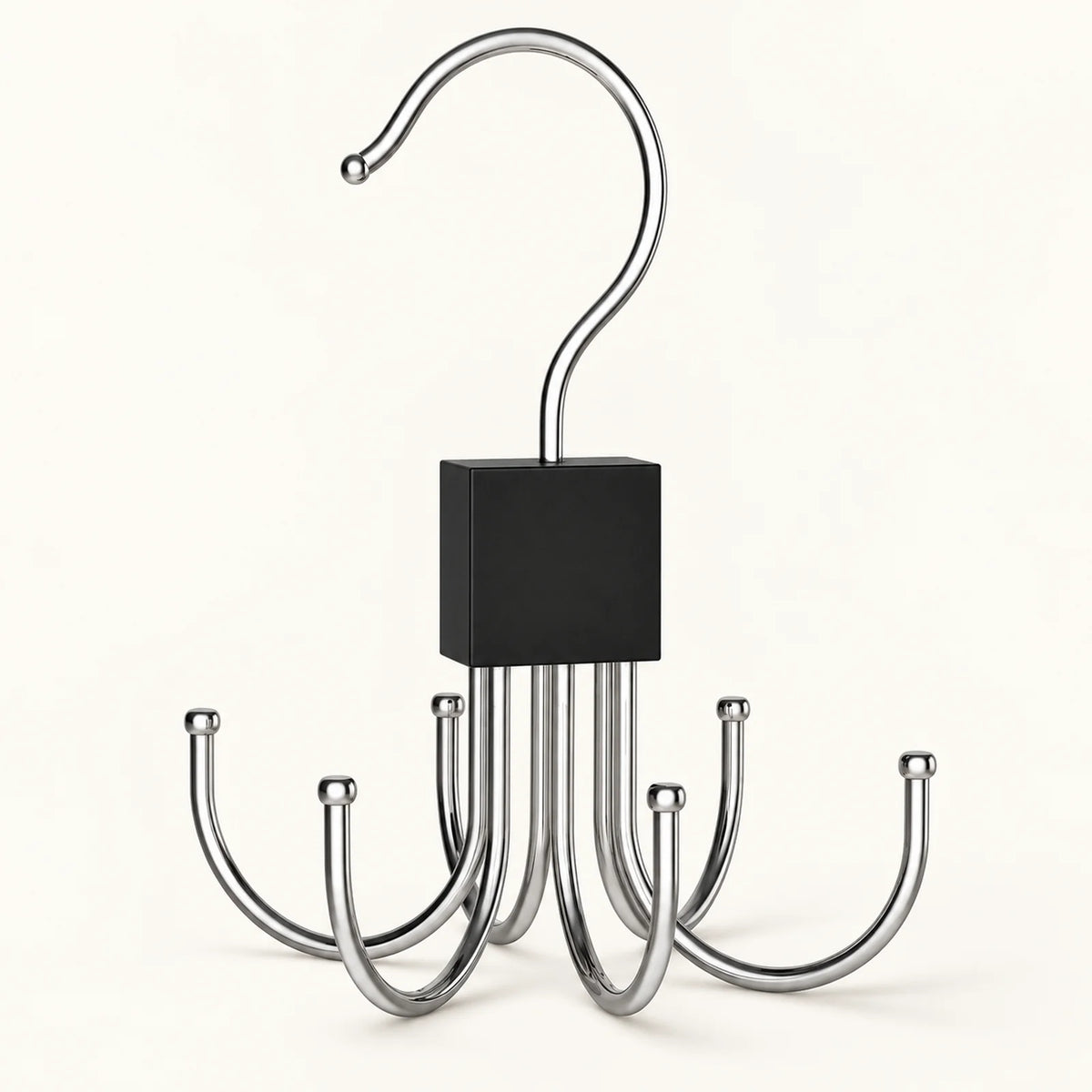 Chrome rotating closet hanger with six accessory hooks